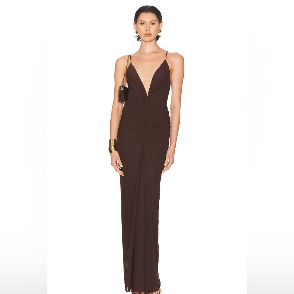 Ronny Kobo Anya V-Neck Column Jersey Maxi Dress in chocolate size Medium. - Picture 4 of 14
